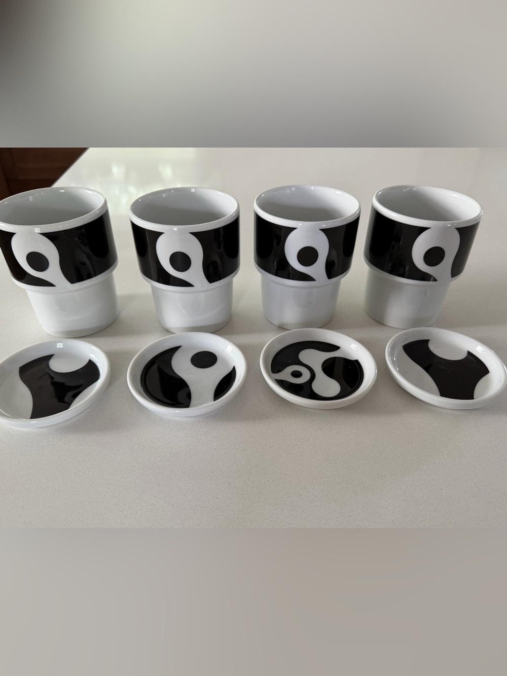 Set of 4 Black & White Ceramic Mug and Saucer Set, not Neutral